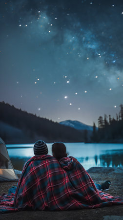 Back view of young couple sitting near lake and looking at night starry skyの素材