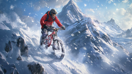 Extreme mountain bike rider in extreme sport. Extreme mountain bike rider on snowy landscape.の素材