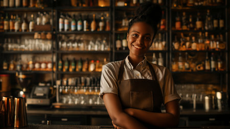 Portrait of smiling African American female barista standing in cafeの素材