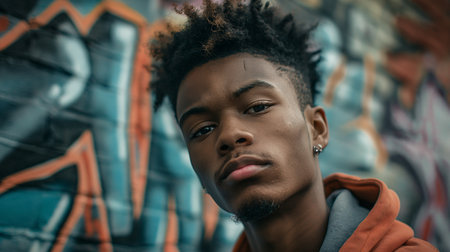 young african american man in coat looking away on graffiti backgroundの素材