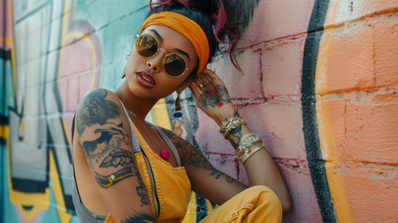 fashionable african american girl with dreadlocks in sunglasses and yellow jacket posing near graffiti wallの素材