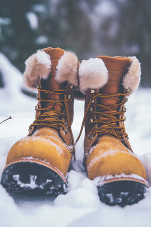 Winter boots in the snow. Winter boots on the background of the winter forest.の素材