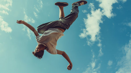 young modern hip hop style dancer jumping and dancing on blue sky backgroundの素材