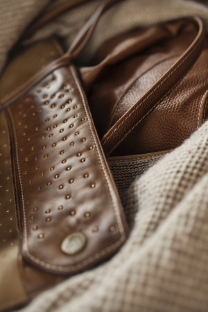 Close up of brown leather shoes on sackcloth. Selective focus.の素材