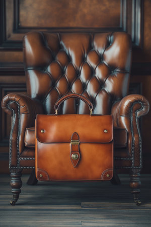 Luxury leather armchair and briefcase in vintage style.の素材