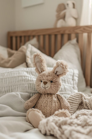 Cute toy bunny on bed at home, soft focus background.の素材