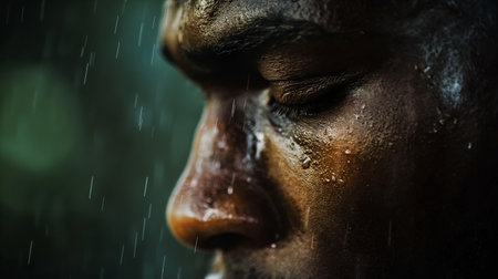 Portrait of a man in the rain. Close-up.の素材