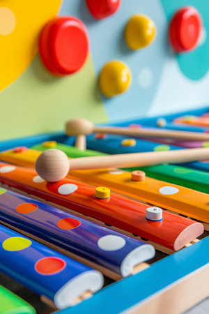 Close-up of colorful xylophone and wooden beads on colorful backgroundの素材