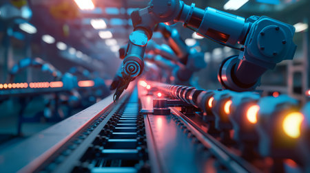 Industrial robot arm on conveyor belt in factory. 3d renderingの素材