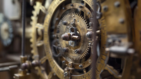 Close up of a clockwork mechanism in a museum. Selective focus.の素材
