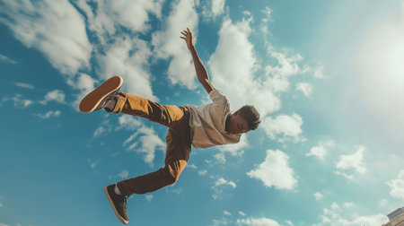 young skateboarder jumping in the air on a background of blue skyの素材