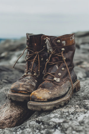 Pair of old worn hiking boots on a rock by the seaの素材
