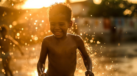 Cute african american boy playing in a water fountain at sunsetの素材