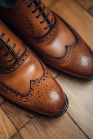 Men's brown shoes on a wooden background. Shallow depth of field.の素材