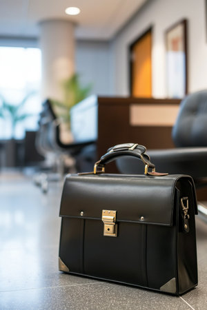 Luxury leather briefcase in hotel lobby, stock photo imageの素材