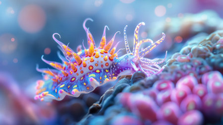 Nudibranch. Nudibranch on colorful background. 3d renderの素材