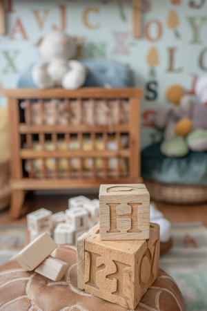 Wooden blocks with the word baby on the background of the cribの素材