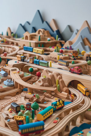 Wooden train model in a children's playroom. Educational toys.の素材