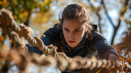 Beautiful young woman exercising in the park on an autumn day.の素材
