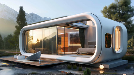 3d rendering of a modern house with a terrace in the mountainsの素材