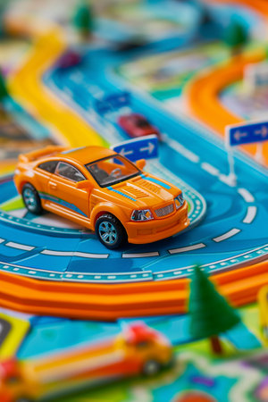 Toy car on the background of children's board game. Selective focus.の素材