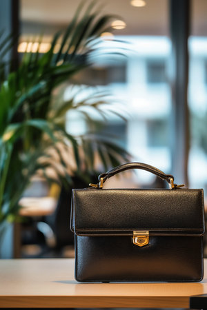 Black leather briefcase on the table in a cafe. Business conceptの素材