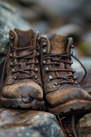 Old hiking boots on the rocks. Selective focus. Shallow depth of fieldの素材