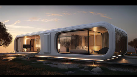 3D render of a modern house in the evening with a gardenの素材