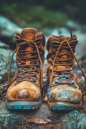 Hiking boots in the forest. Hiking boots in nature.の素材