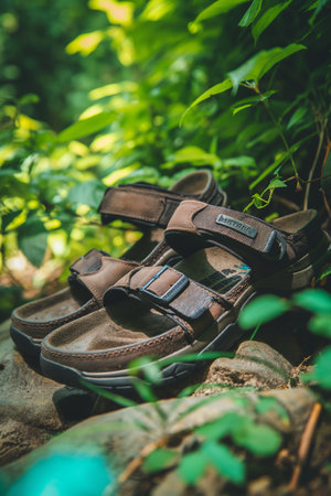 Men's sandals on a stone in the forest. Selective focus.の素材