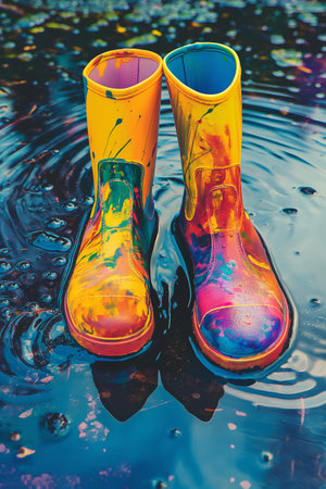 Colorful rubber boots in a puddle with water and reflection.の素材