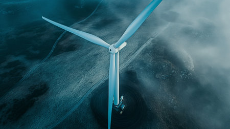 An image of windturbine generator in a foggy landscapeの素材
