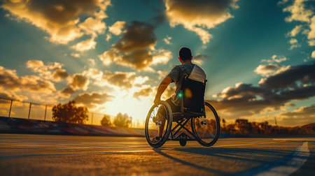 Disabled man in a wheelchair on the road at sunset, rear viewの素材