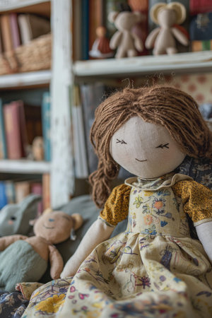 Vintage rag doll sitting in the living room with books and toysの素材