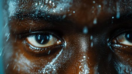 Close-up of a man's face covered with water dropletsの素材