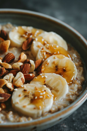 Oatmeal porridge with banana and almonds in bowl, closeupの素材