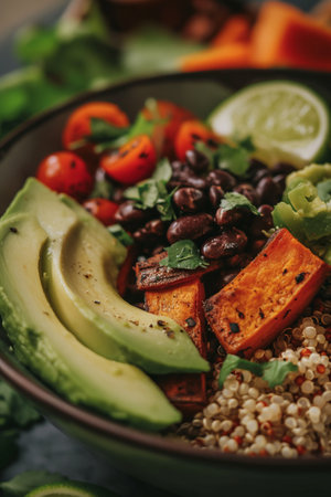 Bowl of quinoa salad with avocado, tomatoes, cucumber and beansの素材