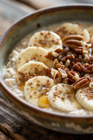 Oatmeal porridge with banana, pecan nuts and honey in a bowlの素材