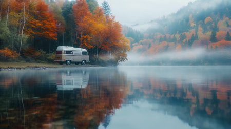 Caravan on lake in autumn forest. Caravan car on lake.の素材