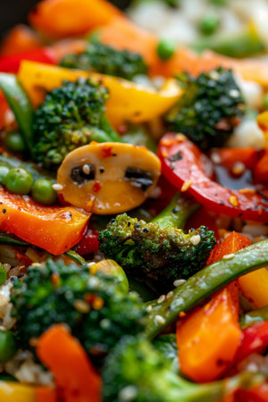 close up of a vegetarian stir fry with mixed vegetables, healthy foodの素材