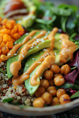 Healthy salad with chickpeas, avocado and hummus in bowlの素材