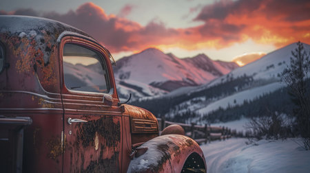 Abandoned old car in the mountains at sunset. Dramatic sky.の素材