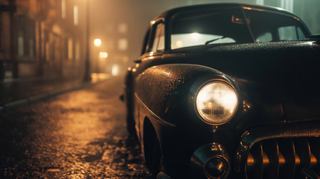Vintage car on the street at night, low angle view.の素材