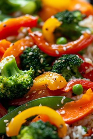 Healthy vegetable stir fry with rice and vegetables. Close up.の素材