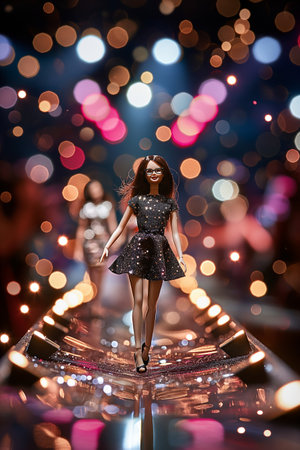 Fashion model wearing stylish clothes on the runway at the show.の素材