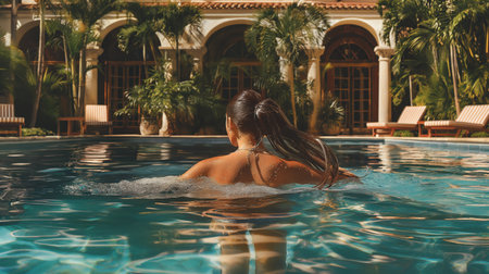 Rear view of young woman relaxing in swimming pool at luxury resortの素材