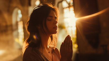 Portrait of young woman with closed eyes praying in the church.の素材