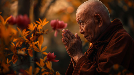 Old buddhist monk praying in the park with flowers in backgroundの素材