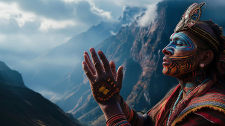 Portrait of a man with traditional costume in the Himalaya mountainsの素材