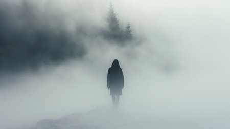 Silhouette of a woman in the fog in the mountains.の素材